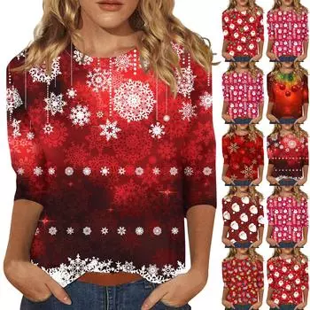 Женская мода повседневная рубашка с круглым вырезом и рождественским принтом, семь рукавов XXXL