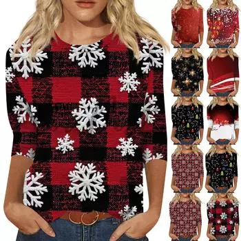 Женская мода повседневная рубашка с круглым вырезом и рождественским принтом, семь рукавов L чёрный
