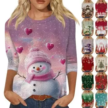 Женская мода повседневная рубашка с круглым вырезом и рождественским принтом, семь рукавов L кофейный