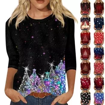Женская мода повседневная рубашка с круглым вырезом и рождественским принтом, семь рукавов XXXL чёрный