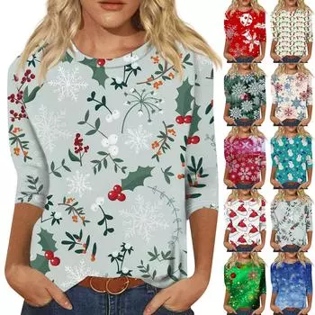 Женская мода повседневная рубашка с круглым вырезом и рождественским принтом, семь рукавов XXXL