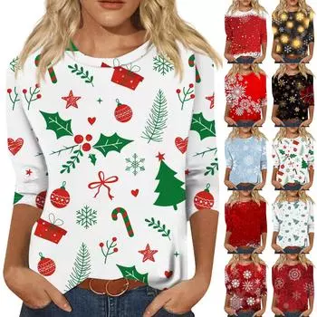 Женская мода повседневная рубашка с круглым вырезом и рождественским принтом, семь рукавов XXL золотой