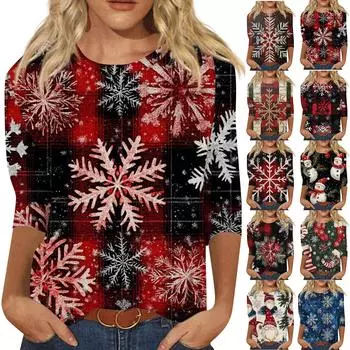 Женская мода повседневная рубашка с круглым вырезом и рождественским принтом, семь рукавов M золотой