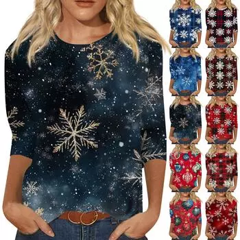 Женская мода повседневная рубашка с круглым вырезом и рождественским принтом, семь рукавов M