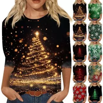 Женская мода повседневная рубашка с круглым вырезом и рождественским принтом, семь рукавов XXXXXL