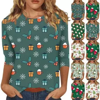 Женская мода повседневная рубашка с круглым вырезом и рождественским принтом, семь рукавов XXXXL