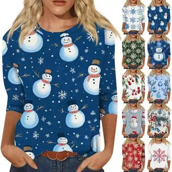 Женская мода повседневная рубашка с круглым вырезом и рождественским принтом, семь рукавов L зелёный