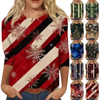 Женская мода повседневная рубашка с круглым вырезом и рождественским принтом, семь рукавов XXL чёрный