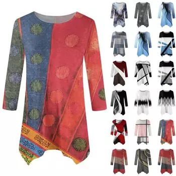 Женская мода повседневная рубашка с круглым вырезом, контрастным принтом и рукавом-семью, свободная удобная рубашка на талии L чёрный