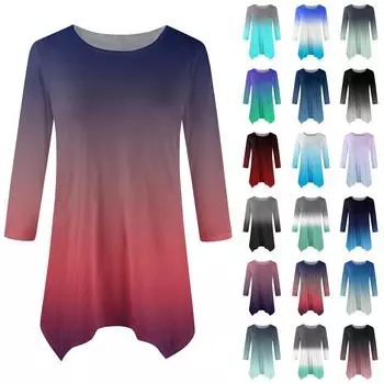 Женская мода повседневная рубашка с круглым вырезом и постепенным принтом, рукавами семь точек, свободный удобный топ с поясом L армия зеленый