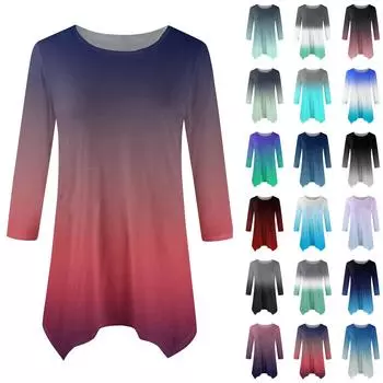 Женская мода повседневная рубашка с круглым вырезом и постепенным принтом, рукавами семь точек, свободный удобный топ с поясом XL тёмно-синий