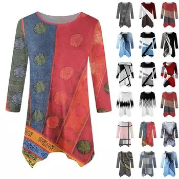 Женская мода повседневная рубашка с круглым вырезом, контрастным принтом и рукавом-семью, свободная удобная рубашка на талии XXL жёлтый