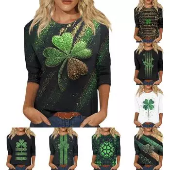 Женская мода повседневная рубашка с круглым вырезом и принтом в виде семиточечного рукава L