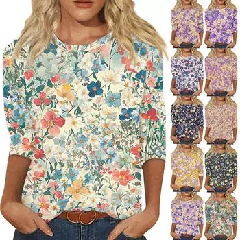 Женская мода повседневная рубашка с круглым вырезом и принтом в виде семиточечного рукава L бежевый