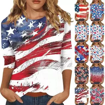 Женская мода повседневная рубашка с круглым вырезом и рукавом три четверти с принтом «День независимости» S