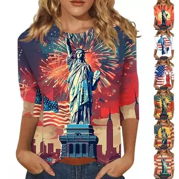 Женская мода повседневная рубашка с круглым вырезом и рукавом три четверти с принтом «День независимости» L чёрный