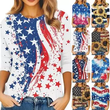 Женская мода повседневная рубашка с круглым вырезом и принтом в виде семиточечного рукава XL жёлтый