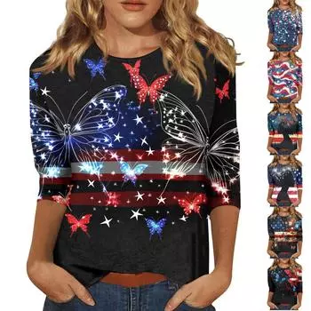 Женская мода повседневная рубашка с круглым вырезом и принтом в виде семиточечного рукава L