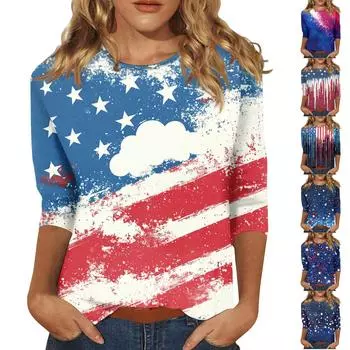 Женская мода повседневная рубашка с круглым вырезом и принтом в виде семиточечного рукава XXXL синий