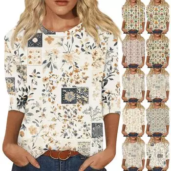 Женская мода повседневная рубашка с круглым вырезом и принтом в виде семиточечного рукава S