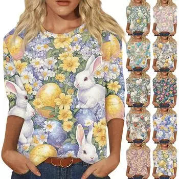 Женская мода повседневная рубашка с круглым вырезом и принтом в виде семиточечного рукава M