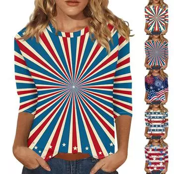 Женская мода повседневная рубашка с круглым вырезом и рукавом три четверти с принтом «День независимости» XL чёрный