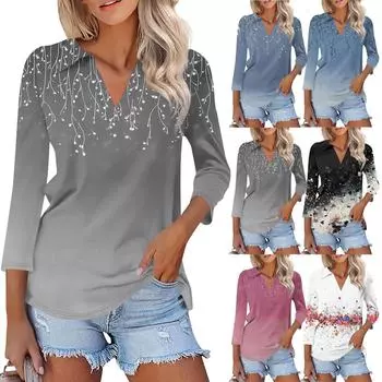 Женская мода повседневная рубашка с лацканами и рукавом 3/4 с принтом, женские топы с V-образным вырезом L чёрный