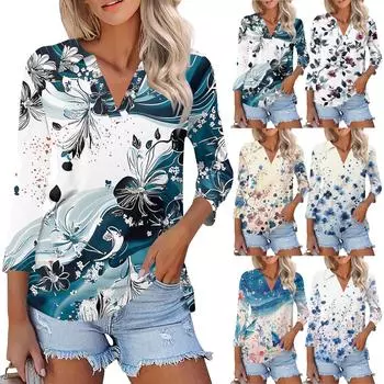 Женская мода повседневная рубашка с лацканами и рукавом 3/4 с принтом, женские топы с V-образным вырезом L синий