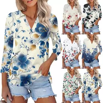 Женская мода повседневная рубашка с лацканами и рукавом 3/4 с принтом, женские топы с V-образным вырезом L чёрный