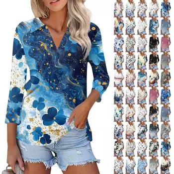 Женская мода повседневная рубашка с лацканами и рукавом 3/4 с принтом, женские топы с V-образным вырезом XXL розовый