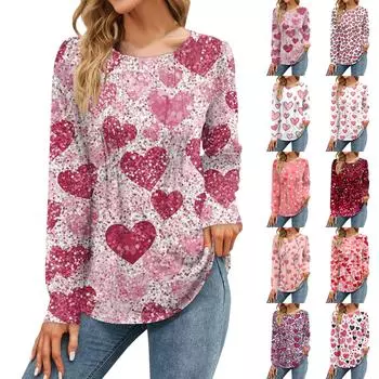 Женская мода повседневная рубашка с принтом ко Дню святого Валентина с длинным рукавом и свободным пуловером L