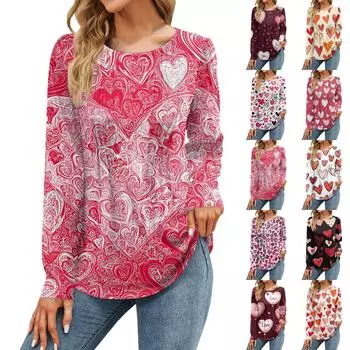 Женская мода повседневная рубашка с принтом ко Дню святого Валентина с длинным рукавом и свободным пуловером M красный