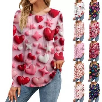 Женская мода повседневная рубашка с принтом ко Дню святого Валентина с длинным рукавом и свободным пуловером S
