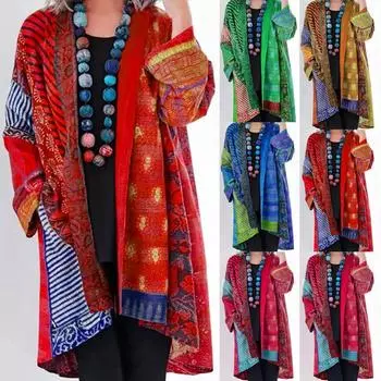 Женская мода Повседневная рубашка с принтом в стиле бохо Пальто Свободный кардиган с длинным рукавом Карманный топ XXXXXL