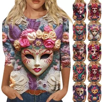 Женская мода повседневная рубашка с разрезом на рукавах и круглым вырезом в винтажном стиле XXXL синий