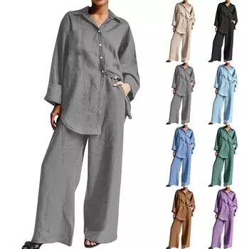 Женская мода повседневная рубашка с рукавом девять минут свободные брюки два комплекта L бежевый