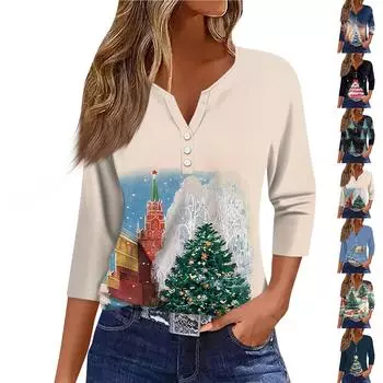 Женская мода повседневная рубашка с рукавом три четверти и рождественским принтом L