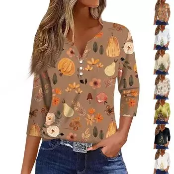 Женская мода повседневная рубашка с рукавом три четверти и рождественским принтом XL