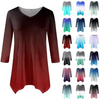 Женская мода повседневная рубашка с V-образным вырезом и постепенным принтом, рукава семь точек, свободный удобный топ с поясом L армия зеленый