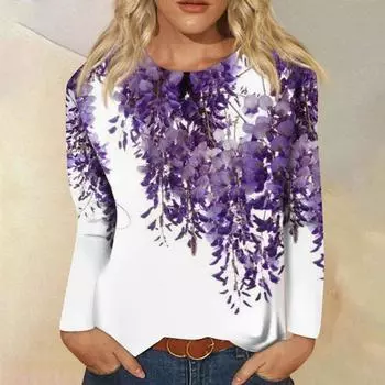 Женская мода повседневная с длинным рукавом цветочный принт круглый вырез пуловер топ блузка футболки женские S зелёный