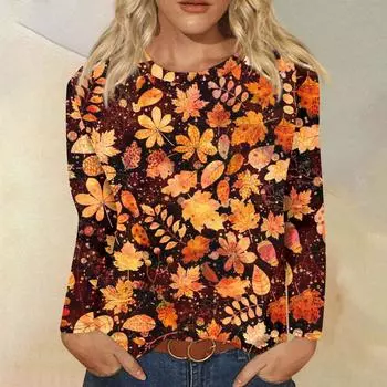Женская мода повседневная с длинным рукавом и принтом в честь Дня благодарения с круглым вырезом свободный топ M