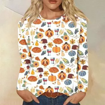 Женская мода повседневная с длинным рукавом и принтом в честь Дня благодарения с круглым вырезом свободный топ XXXL