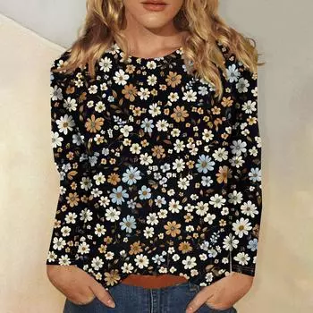 Женская мода повседневная с длинным рукавом и цветочным принтом с круглым вырезом L чёрный