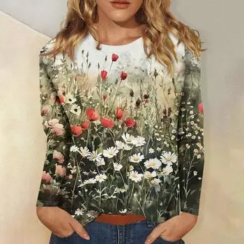 Женская мода повседневная с длинным рукавом и цветочным принтом с круглым вырезом L армия зеленый