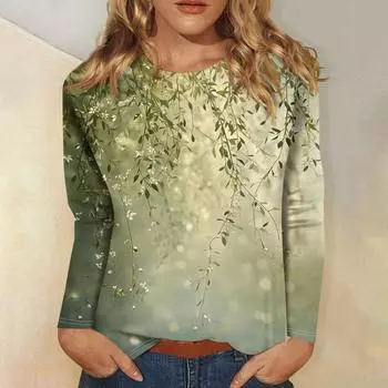 Женская мода повседневная с длинным рукавом и цветочным принтом с круглым вырезом L армия зеленый
