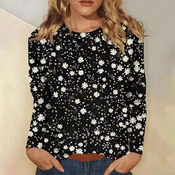 Женская мода повседневная с длинным рукавом и цветочным принтом с круглым вырезом L чёрный