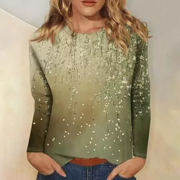 Женская мода повседневная с длинным рукавом и цветочным принтом с круглым вырезом L армия зеленый