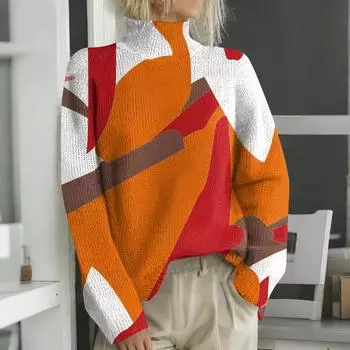 Женская мода повседневная с длинным рукавом и принтом, с высоким воротом, шерстяной трикотаж XXXL оранжевый