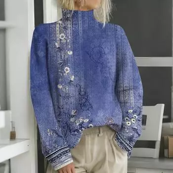 Женская мода повседневная с длинным рукавом и принтом, с высоким воротом, шерстяной трикотаж L