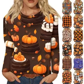 Женская мода повседневная с длинным рукавом и принтом в честь Дня благодарения с круглым вырезом свободный топ XXL зелёный